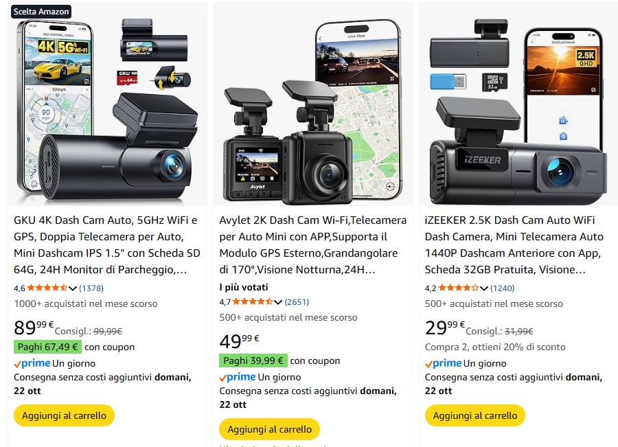dashcam in vendita su Amazon
